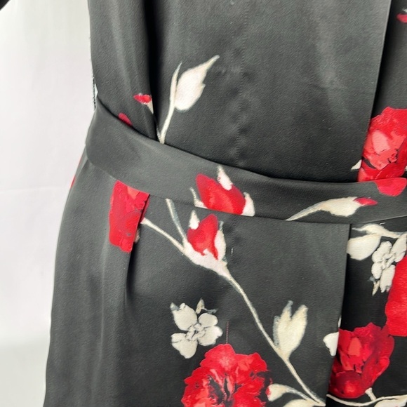 White House Black Market Black with Red Roses Tan Cream Belted Mini Dress, XXS - Picture 3 of 11